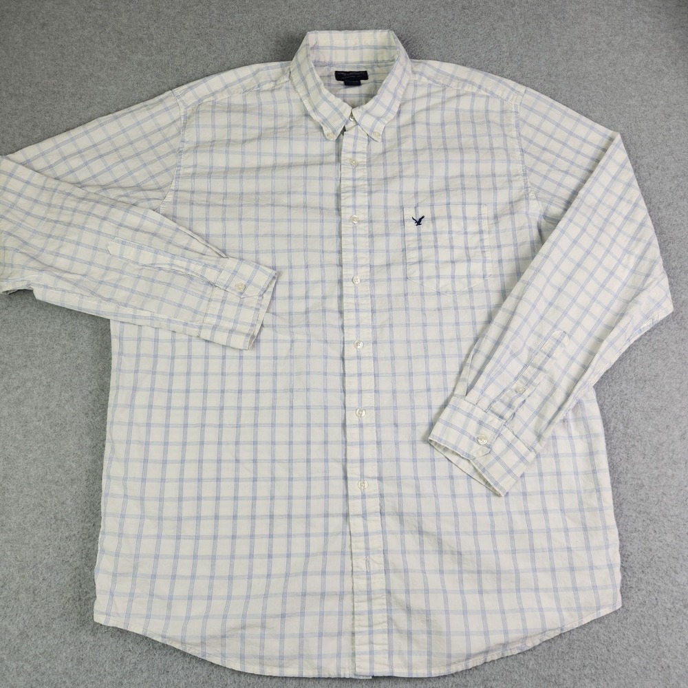 American Eagle Shirt Mens XLT White Blue‎ Plaid Dobby Long Sleeve Button Down